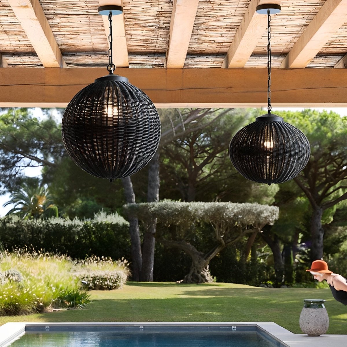 Pendant Light Synthetic Rattan 40.0 cm Black Outdoor Patio Pergola Hanging Lantern Waterproof Garden Ceiling Light | Thomler