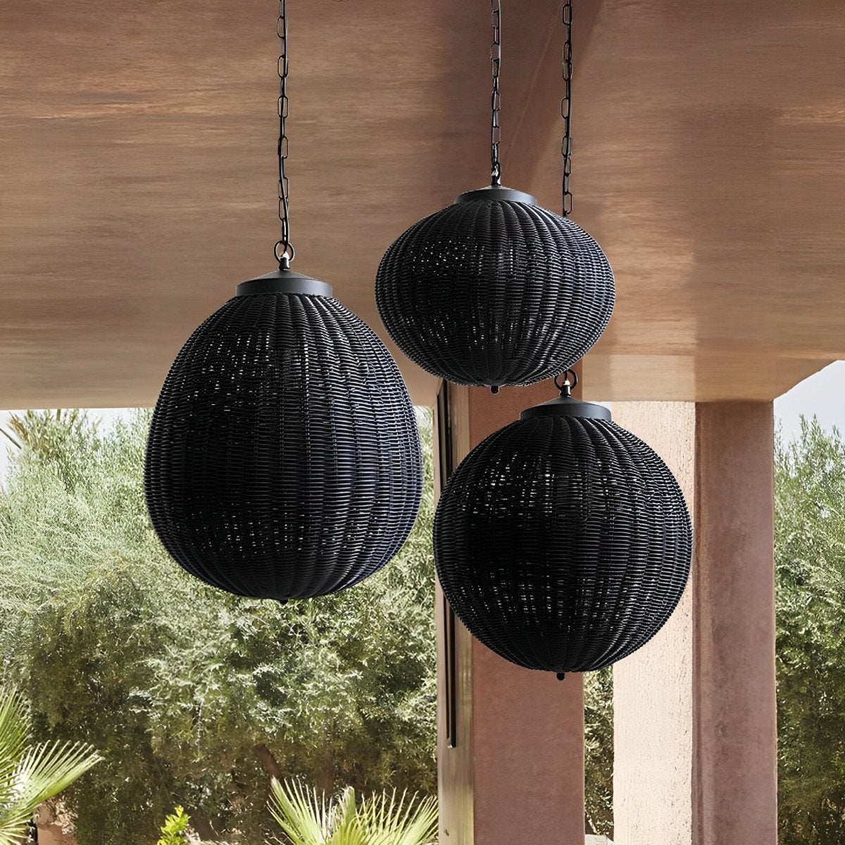 Pendant Light Synthetic Rattan 40.0 cm Black Outdoor Patio Pergola Hanging Lantern Waterproof Garden Ceiling Light | Thomler