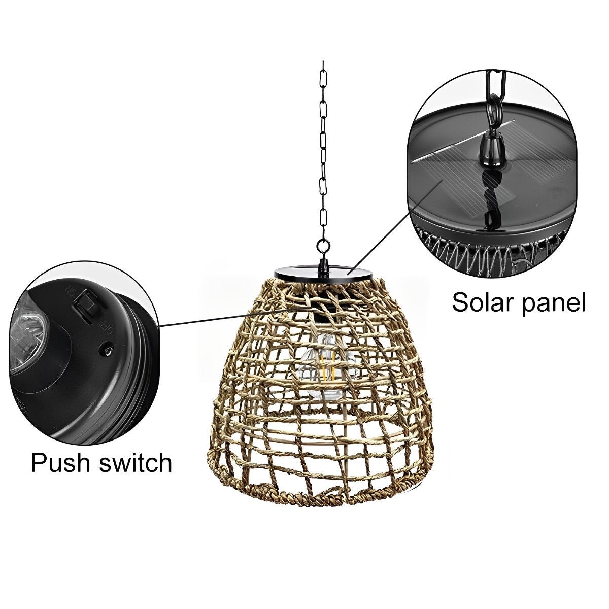 Outdoor Lantern Iron Rattan 8.7 in x 7.1 in Black Solar Garden Patio Pendant Light Waterproof Chandelier Eco-Friendly Ambient Lighting | Thomler