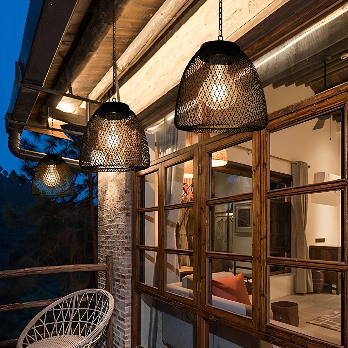Outdoor Lantern Iron Rattan 8.7 in x 7.1 in Black Solar Garden Patio Pendant Light Waterproof Chandelier Eco-Friendly Ambient Lighting | Thomler
