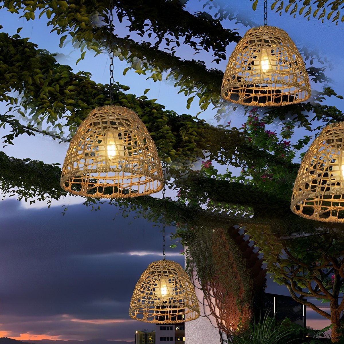 Outdoor Lantern Iron Rattan 8.7 in x 7.1 in Black Solar Garden Patio Pendant Light Waterproof Chandelier Eco-Friendly Ambient Lighting | Thomler