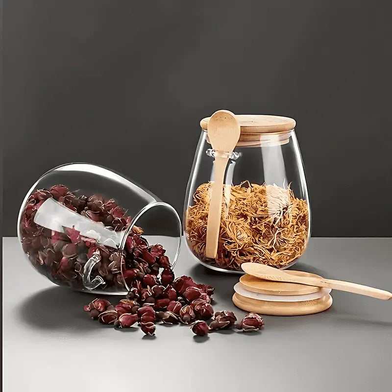 Storage Jar Glass Airtight Bamboo Lid Tea Coffee Kitchen Organiser Dry Food Canister With Spoon | Thomler