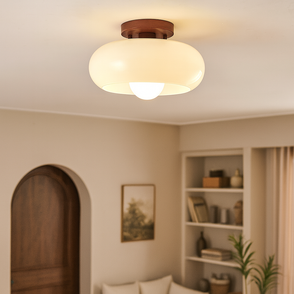 Mid-Century Opal Glass Ceiling Light with Wood Accent – Warm Ambient Flush Mount for Living Room & Bedroom | Thomler