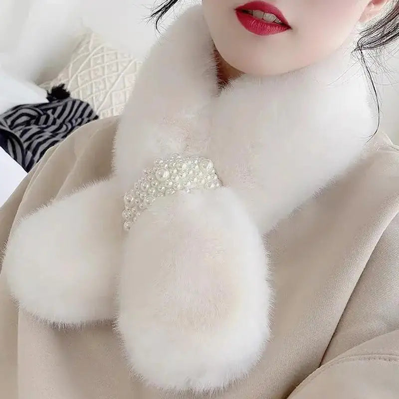Embellished Faux-Fur Crossover Neckwarmer for Women – Cold-Weather Accessory with Decorative Bead Detail | Thomler