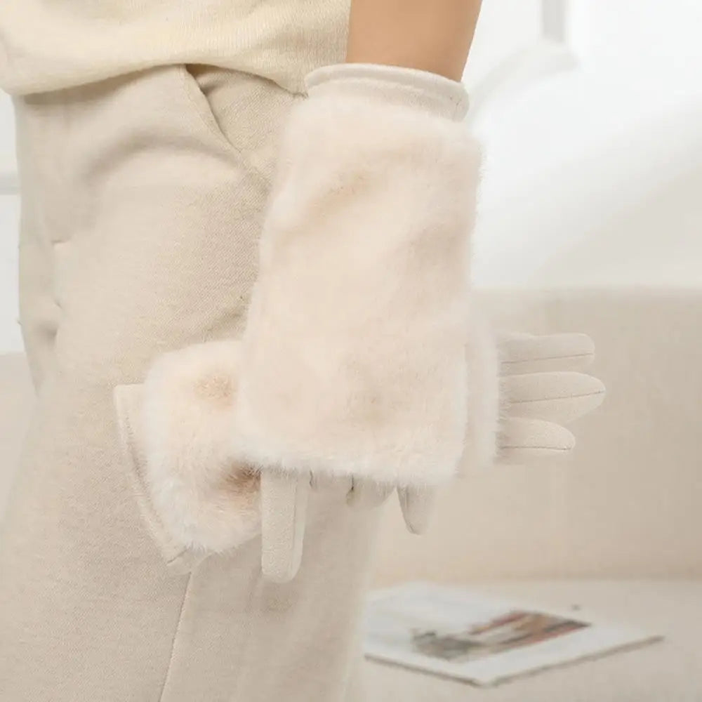 Faux-Suede Winter Gloves with Real Rabbit Fur Cuff for Men & Women – Touchscreen Fingertips, Windproof Lining – Warm Cold-Weather Handwear | Thomler