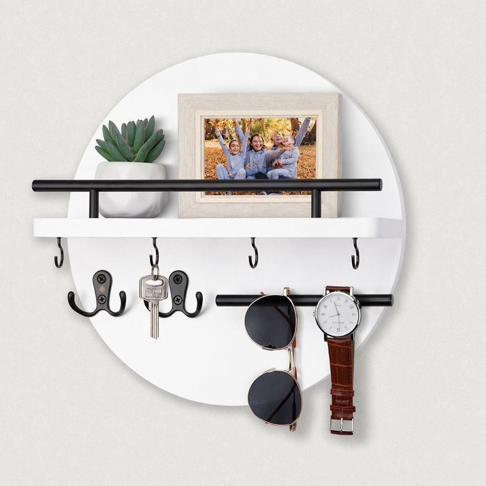Circular Wood Wall Key Organizer with Shelf & Hooks for Entryway – Natural Finish, Multi-Hook Design for Keys, Accessories & Small Decor | Thomler