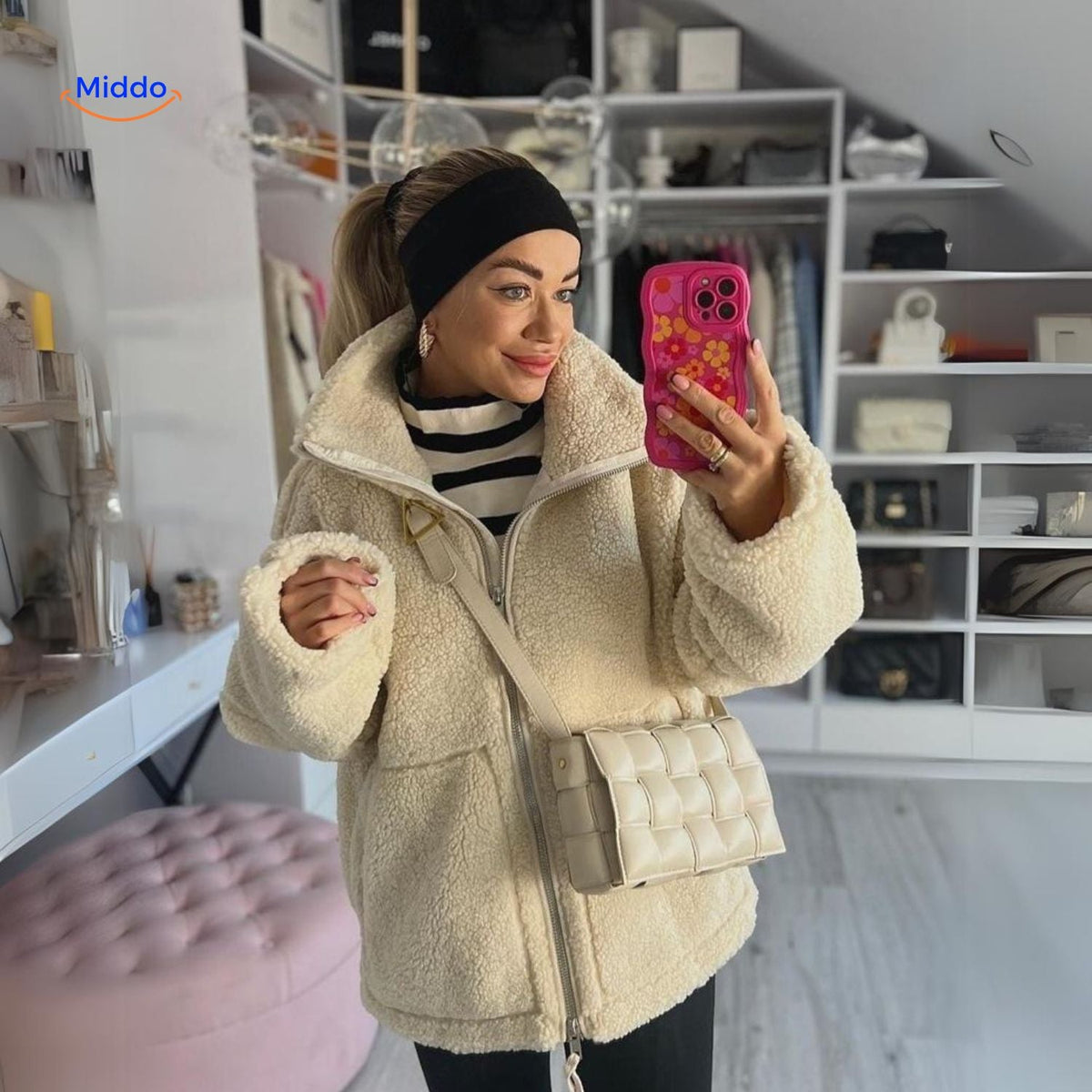 Faux Shearling Jacket with Stand Collar for Women – Plush Sherpa Winter Coat | Thomler