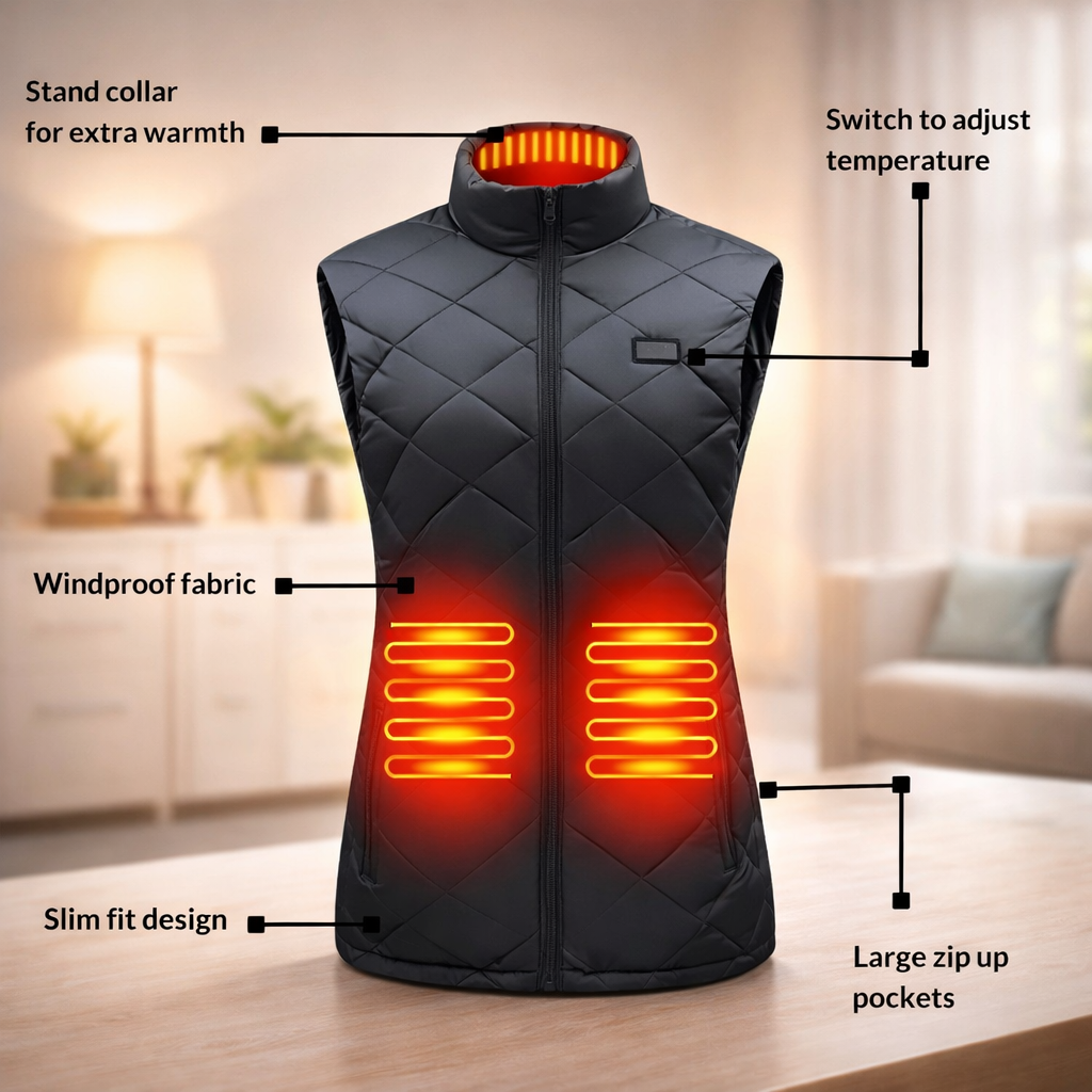 Battery-Powered Quilted Heating Vest for Women with Stand Collar – Lightweight Electric Body Warmer | Thomler