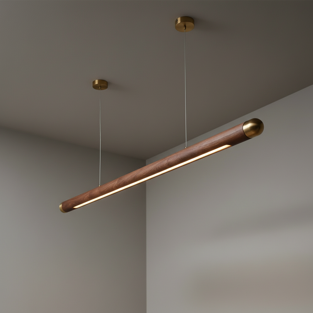 Pendant Light Wood Linear 43.3 In Warm White Dining Table Kitchen Island Hanging Ceiling Fixture | Thomler