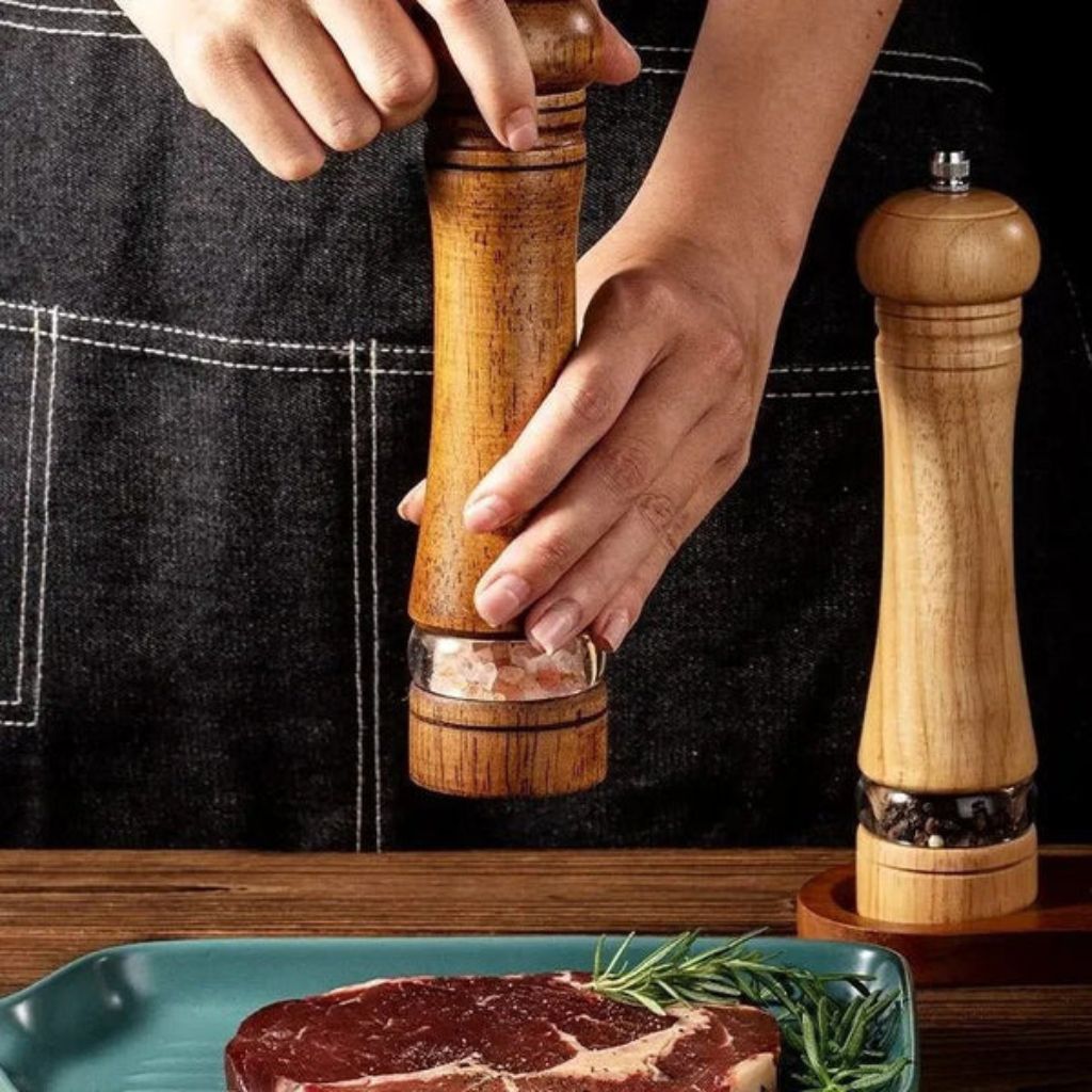 Manual Salt and Pepper Mill Set Adjustable Coarseness Clear Window Natural Wood Finish Handcrank Spice Grinder for Kitchen Dining Table | Thomler