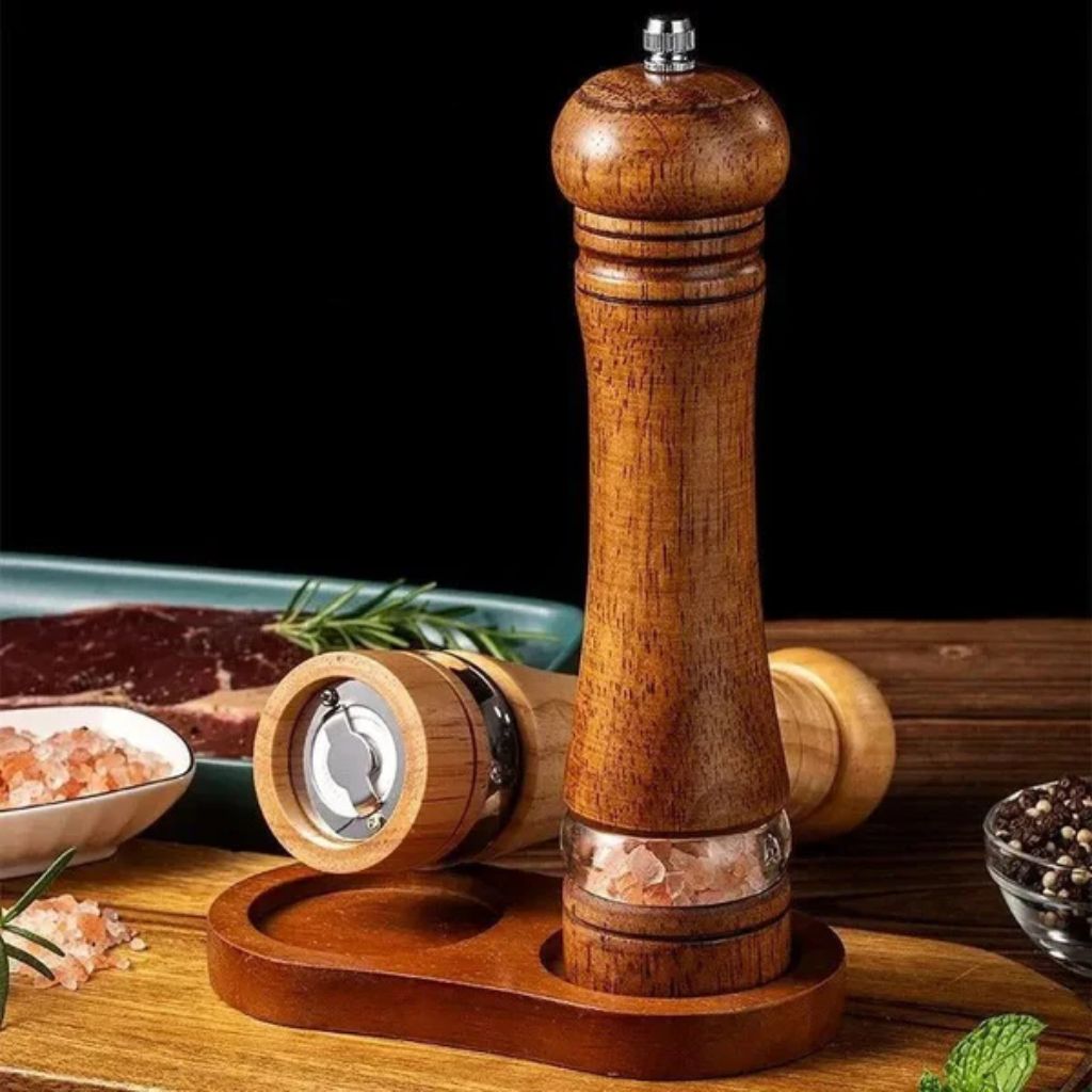 Manual Salt and Pepper Mill Set Adjustable Coarseness Clear Window Natural Wood Finish Handcrank Spice Grinder for Kitchen Dining Table | Thomler