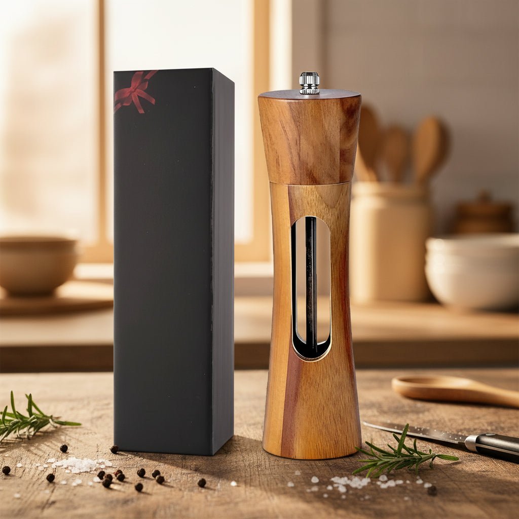 Adjustable Wood Salt & Pepper Grinder Set with Acrylic Window for Fresh Kitchen Seasoning | Thomler