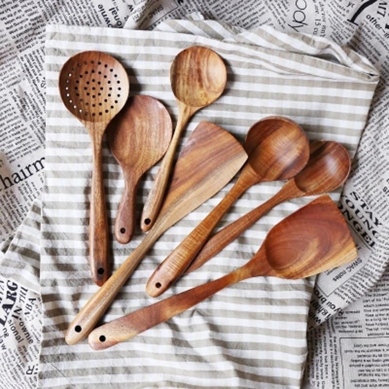 7-Piece Wooden Cooking Utensil Set – Heat-Safe Nonstick Kitchen Tools for Everyday Meals | Thomler