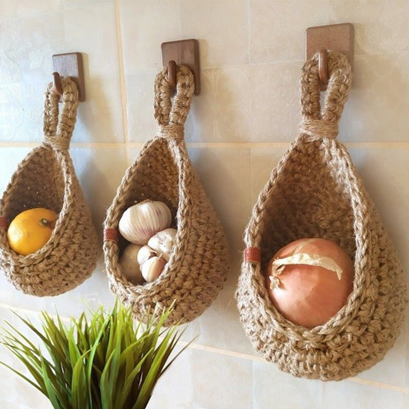 Hanging Storage Basket Hand-Woven Hemp Rope 14 in Large Wall-Mounted Kitchen Fruit Vegetable Organizer Boho Rustic Décor | Thomler