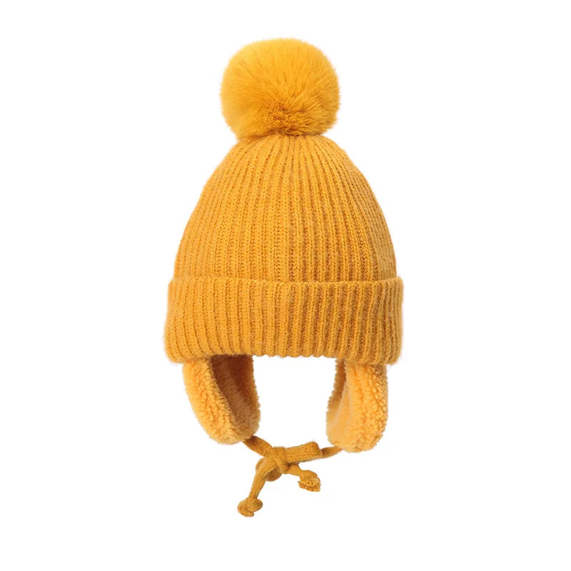 Plush-Lined Toddler Winter Cap with Chin Tie and Ear Covers – Warm Knitted Cold-Weather Headwear for Boys and Girls Age 2-8 | Thomler