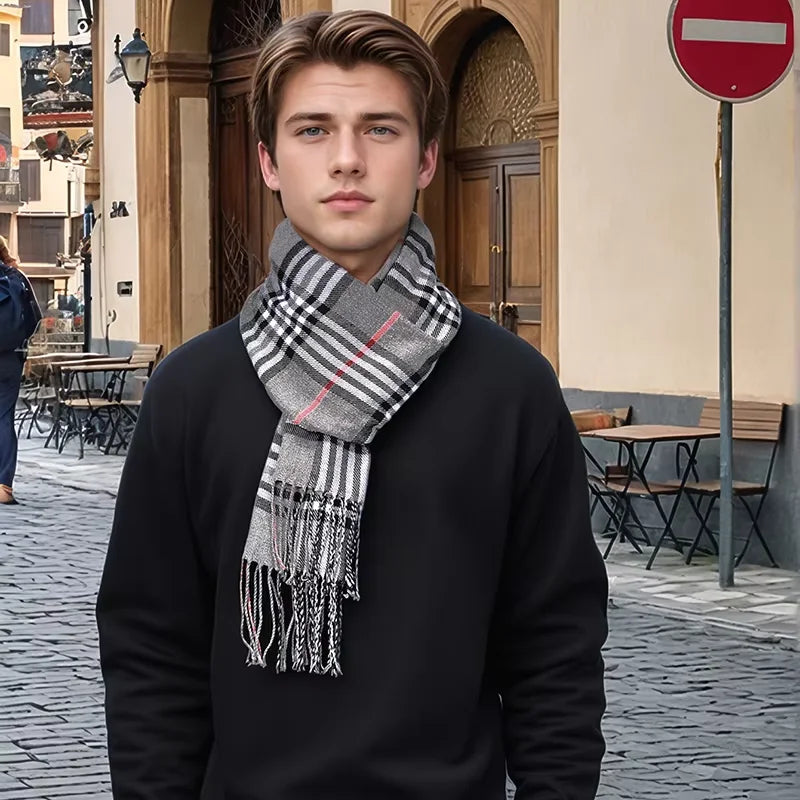 Men's Checkered Cotton-Cashmere Blend Cold-Weather Muffler – Soft, Cozy Neckwear with Tassel Fringe for Winter, Fall & Spring | Thomler