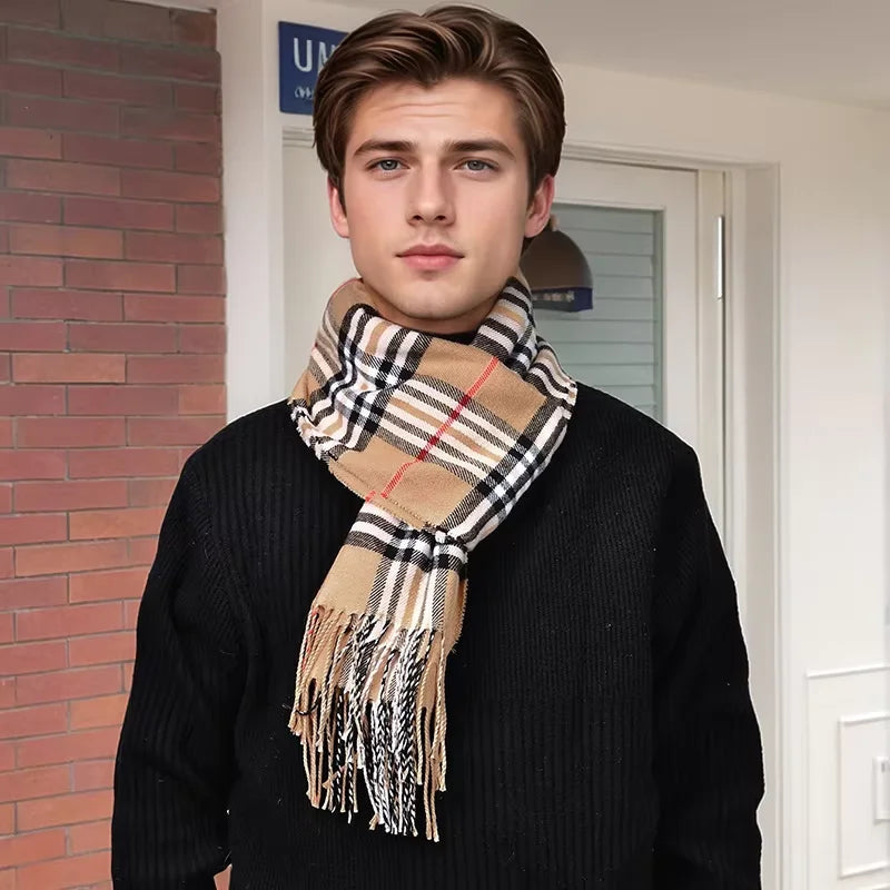 Men's Checkered Cotton-Cashmere Blend Cold-Weather Muffler – Soft, Cozy Neckwear with Tassel Fringe for Winter, Fall & Spring | Thomler
