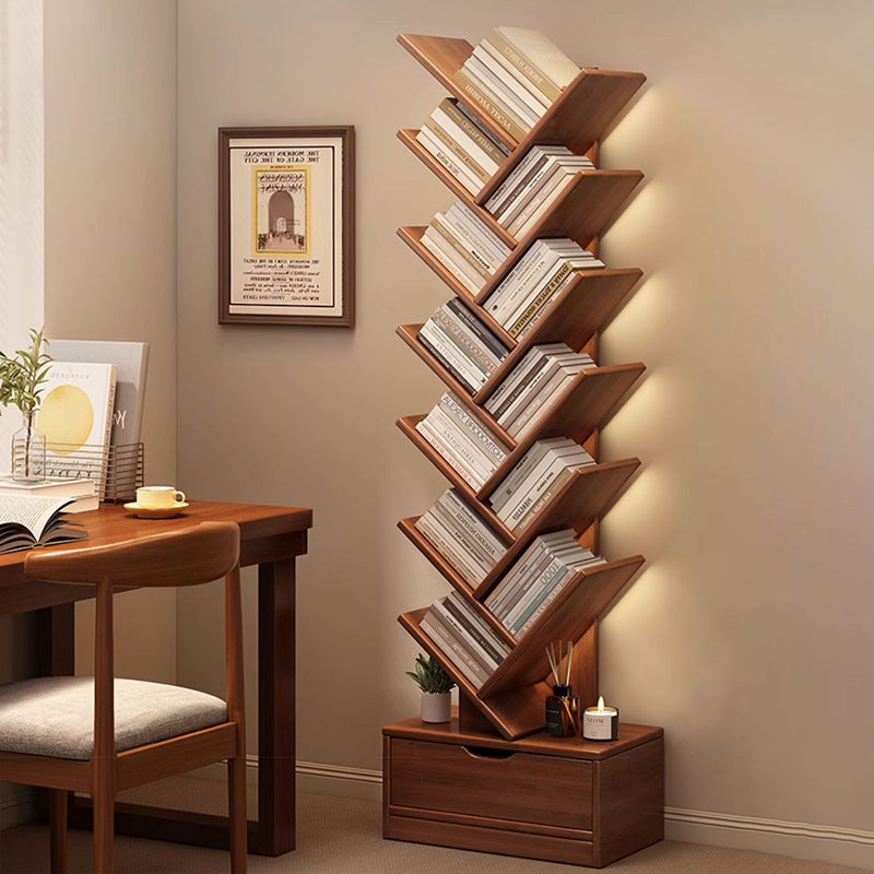 Modern Geometric Storage Tower Shelf Unit 6-12 Open Tiers Walnut Natural Wood for Living Room Study Den Small Spaces | Thomler