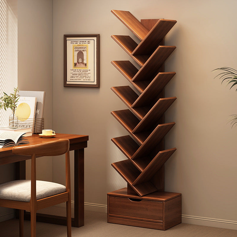 Modern Geometric Storage Tower Shelf Unit 6-12 Open Tiers Walnut Natural Wood for Living Room Study Den Small Spaces | Thomler