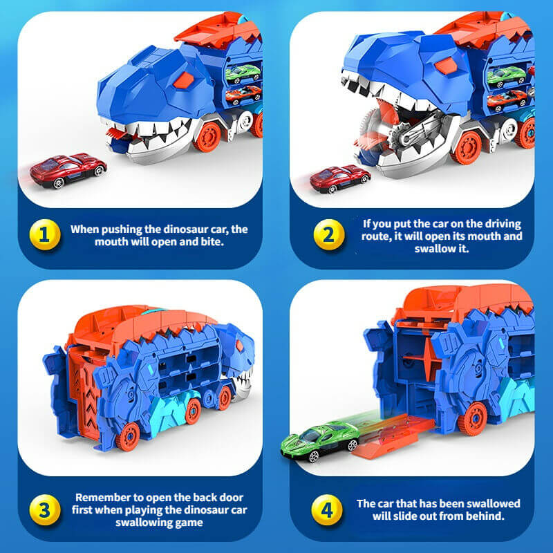 Dinosaur Carrier Truck with Race Track & Die-Cast Cars for Kids - 3-in-1 Transforming T-Rex Hauler for Boys & Girls | Thomler