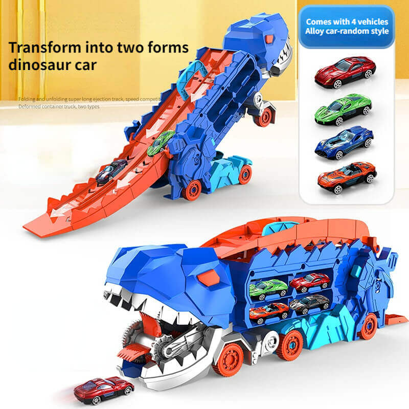 Dinosaur Carrier Truck with Race Track & Die-Cast Cars for Kids - 3-in-1 Transforming T-Rex Hauler for Boys & Girls | Thomler