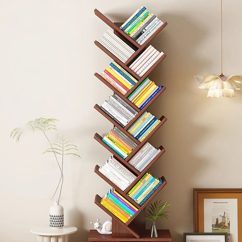 Modern Geometric Storage Tower Shelf Unit 6-12 Open Tiers Walnut Natural Wood for Living Room Study Den Small Spaces | Thomler