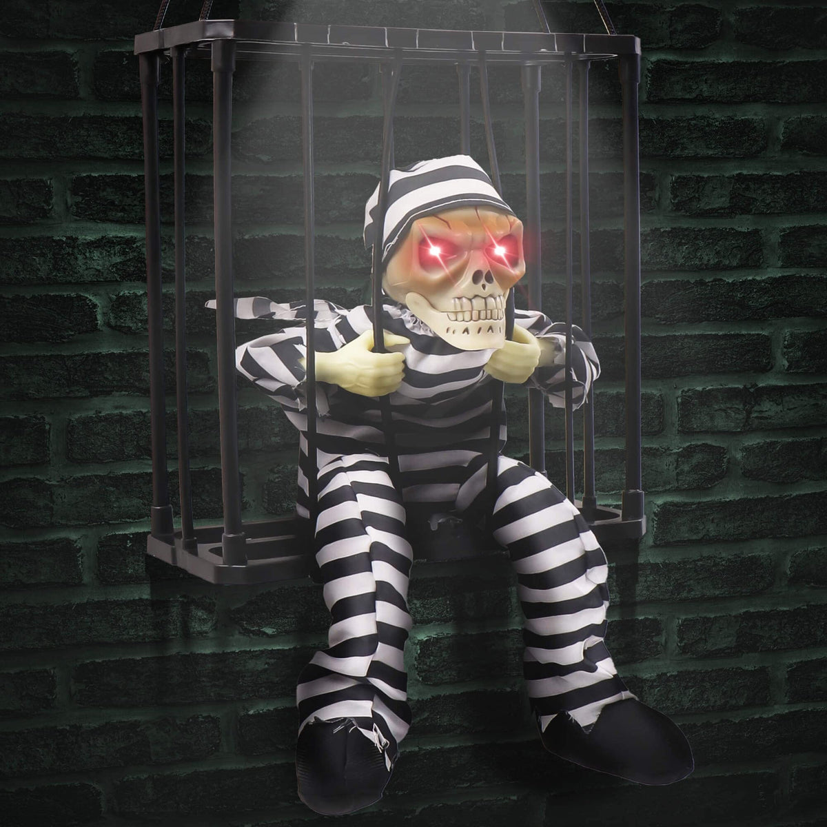 Motion-Activated Caged Skeleton Prisoner with Glowing Red Eyes & Sound | Thomler