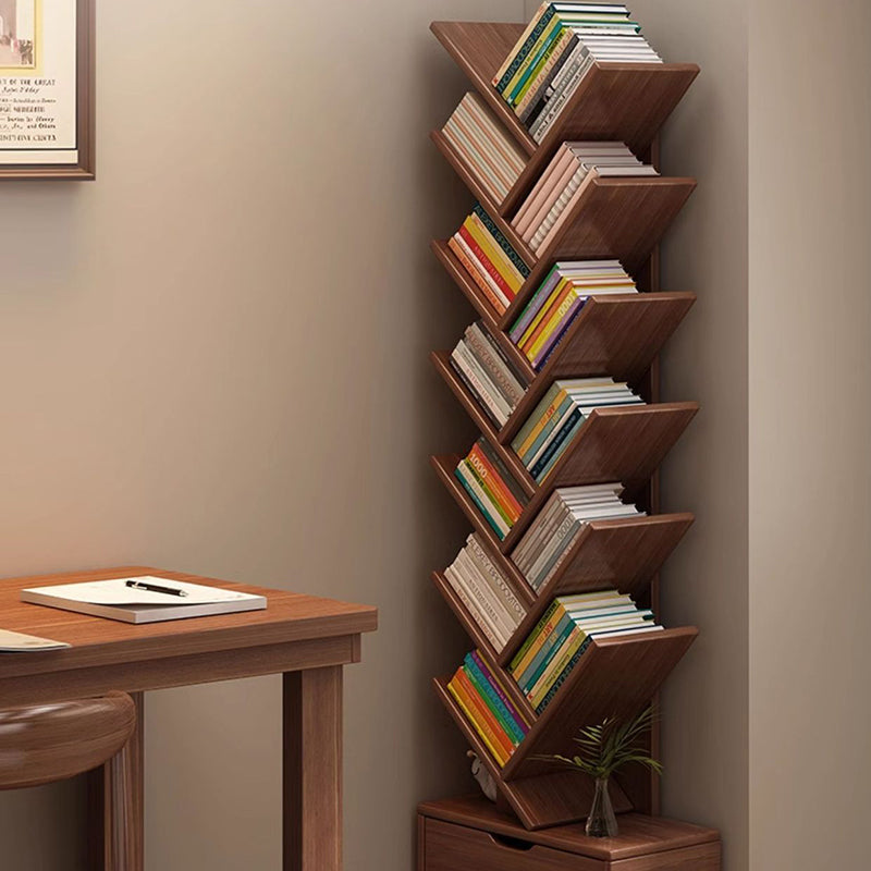 Modern Geometric Storage Tower Shelf Unit 6-12 Open Tiers Walnut Natural Wood for Living Room Study Den Small Spaces | Thomler