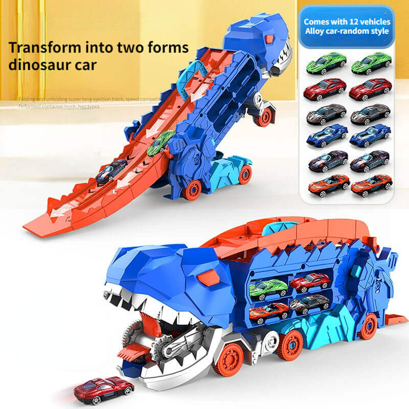 Dinosaur Carrier Truck with Race Track & Die-Cast Cars for Kids - 3-in-1 Transforming T-Rex Hauler for Boys & Girls | Thomler