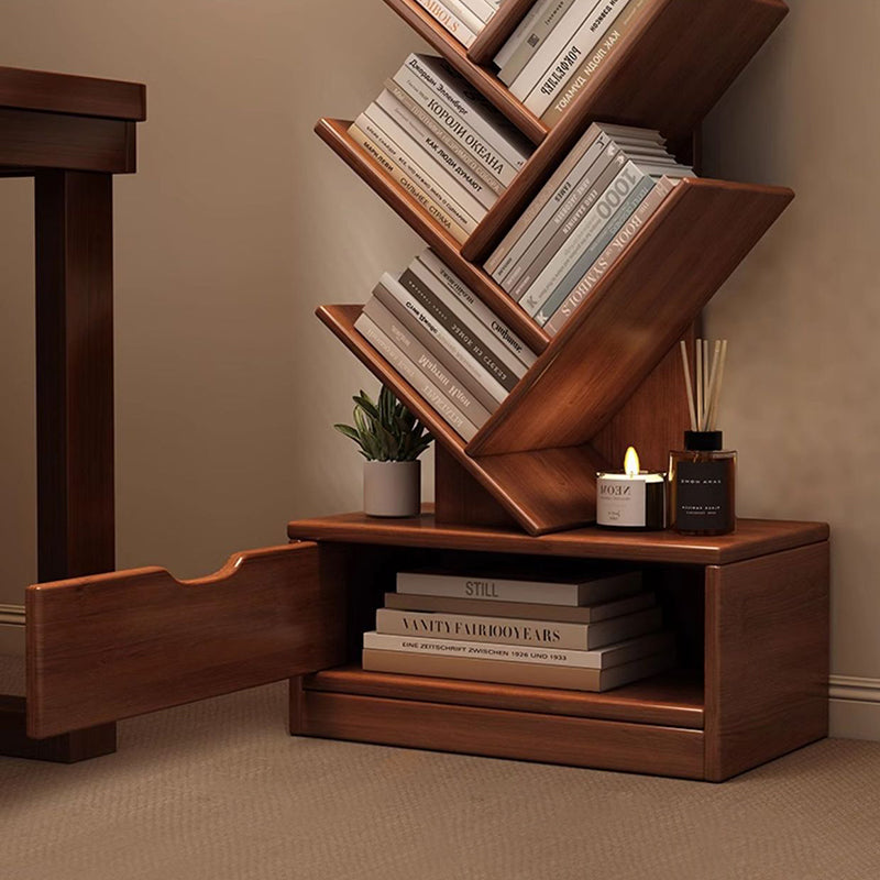 Modern Geometric Storage Tower Shelf Unit 6-12 Open Tiers Walnut Natural Wood for Living Room Study Den Small Spaces | Thomler