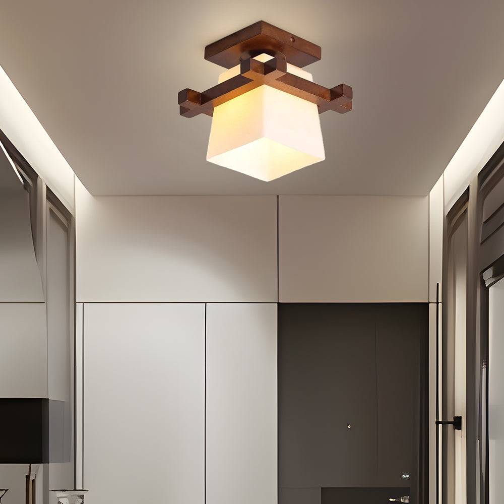 Ceiling Light Wood E27 20.0 cm White Japandi Hallway Bedroom Living Room Square Flush Mount Lamp | Thomler
