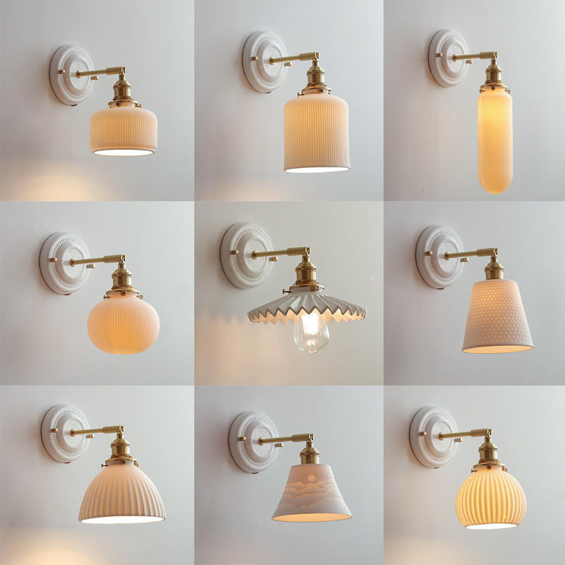 Handcrafted Porcelain Shade Brass Wall Light Fixture Single Bulb Hardwired Sconce for Bedroom Hallway Entryway Vintage Home Decor | Thomler