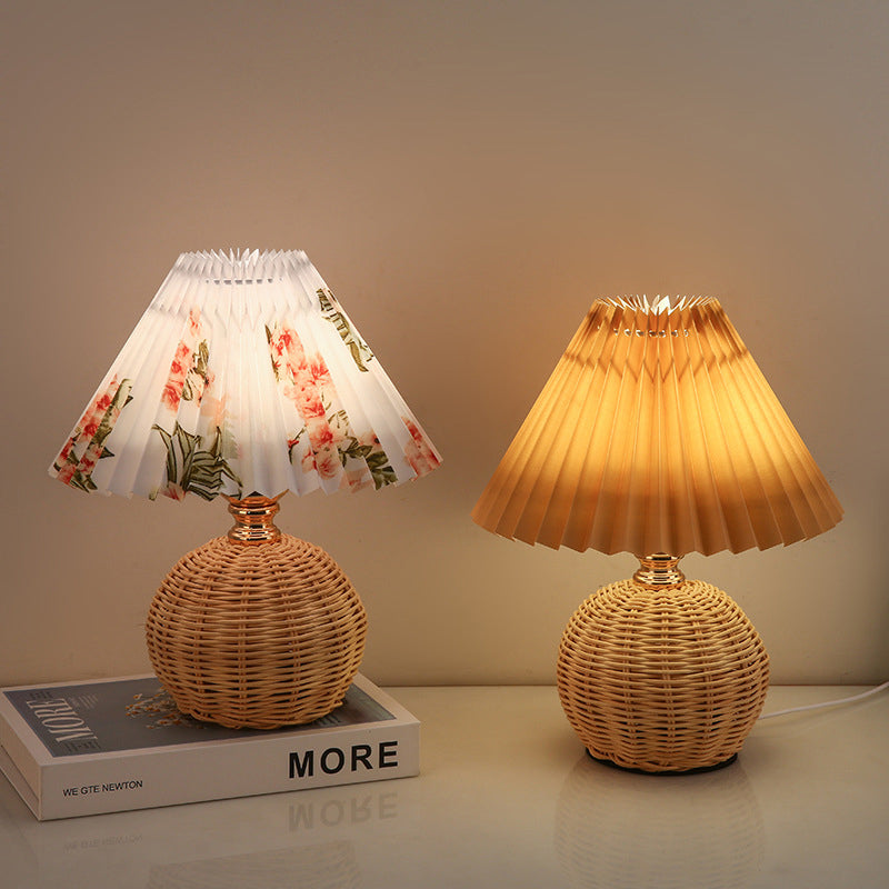 Nordic Rattan Table Lamp with Fabric Shade, USB Powered & Infinitely Dimmable LED Light for Bedroom, Living Room, Study | Thomler