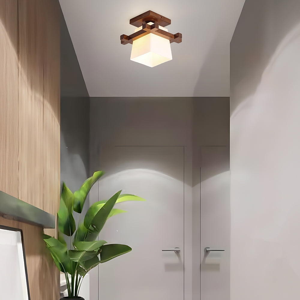 Ceiling Light Wood E27 20.0 cm White Japandi Hallway Bedroom Living Room Square Flush Mount Lamp | Thomler