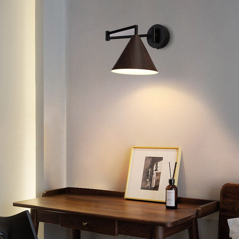 Wall Lamp Iron Conical Shade 18.0 cm Walnut Bedroom Reading Light Adjustable Swivel Arm Modern Indoor Sconce | Thomler