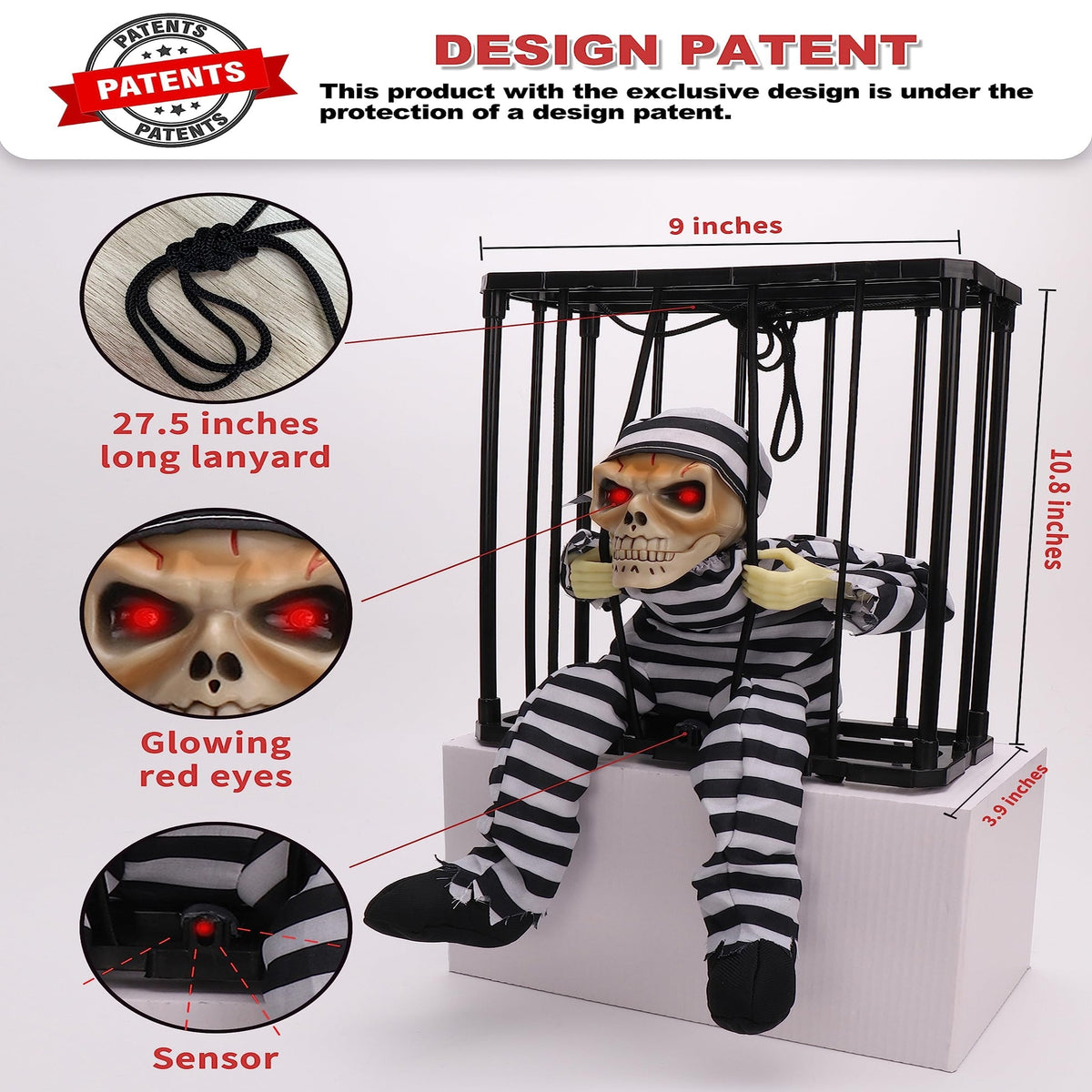 Motion-Activated Caged Skeleton Prisoner with Glowing Red Eyes & Sound | Thomler