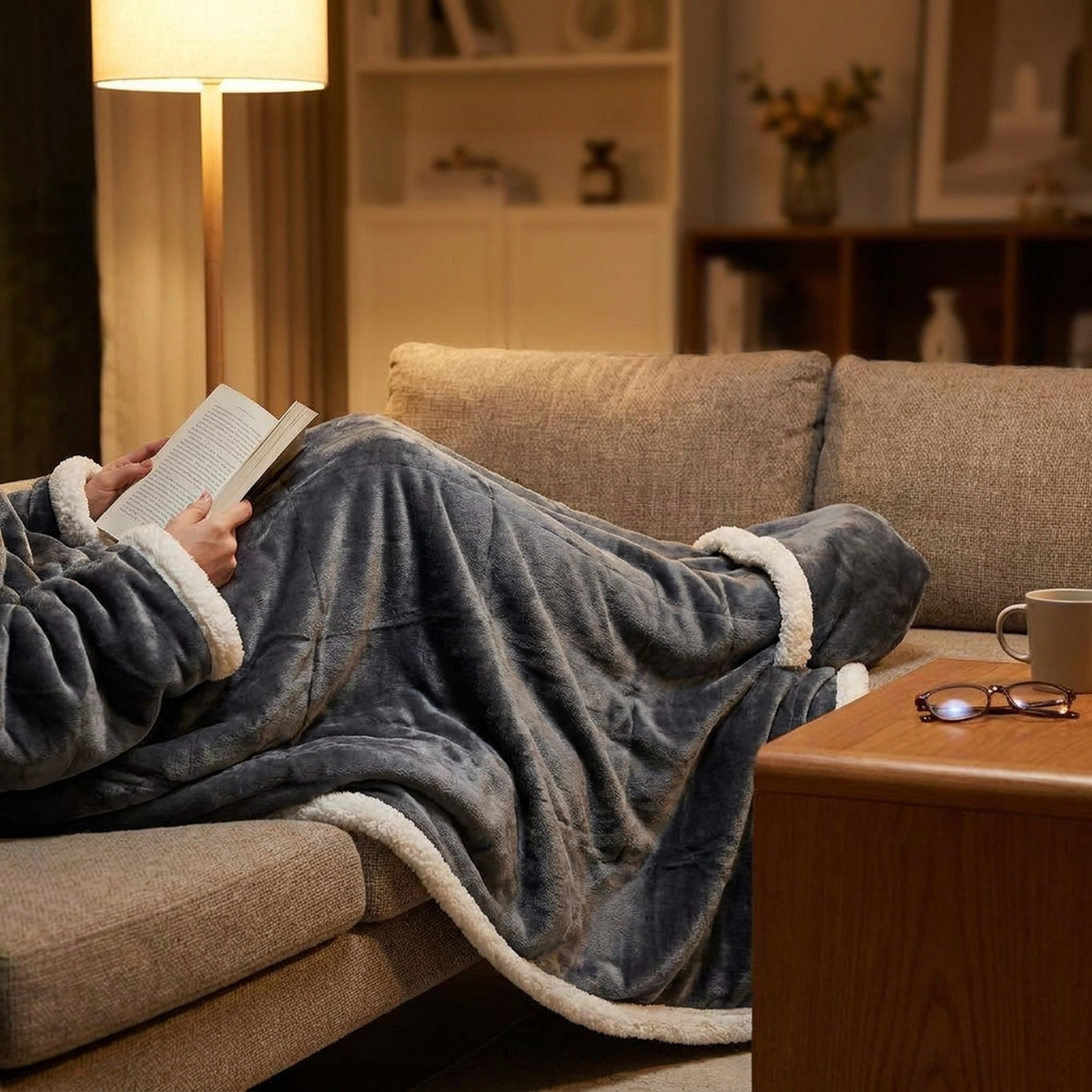 Oversized Fleece Blanket Hoodie with Sleeves & Foot Pocket – Plush Wearable Throw for Adults | Thomler