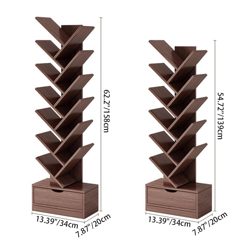 Modern Geometric Storage Tower Shelf Unit 6-12 Open Tiers Walnut Natural Wood for Living Room Study Den Small Spaces | Thomler