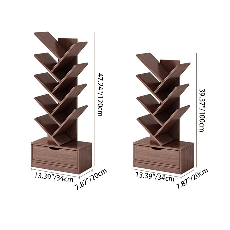 Modern Geometric Storage Tower Shelf Unit 6-12 Open Tiers Walnut Natural Wood for Living Room Study Den Small Spaces | Thomler