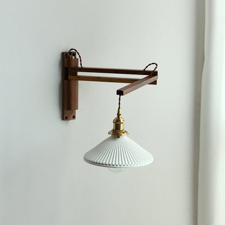 Extending Wall Sconce with Ribbed Glass Shade and Wood Arm for Bedroom, Living Room & Hallway Reading Light | Thomler