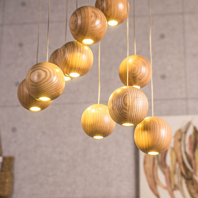 Natural Wood Sphere Pendant Light | Modern Globe Drop Ceiling Lamp for Kitchen Island, Dining Room, Living Room & Restaurant | Adjustable | Thomler