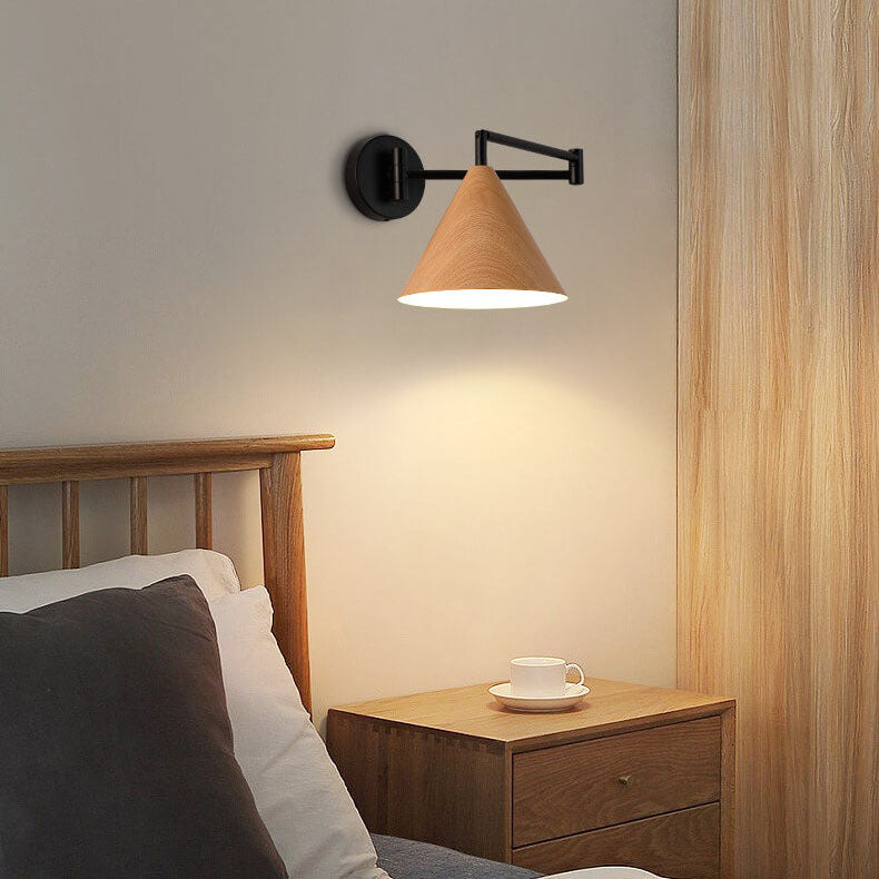 Wall Lamp Iron Conical Shade 18.0 cm Walnut Bedroom Reading Light Adjustable Swivel Arm Modern Indoor Sconce | Thomler