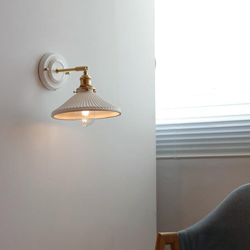 Pleated Shade Wall Sconce Lamp with Brass Arm for Bedroom Living Room & Study | Retro Japanese Style Ceramic Fixture | Thomler