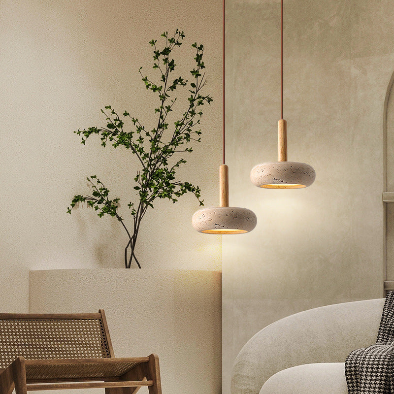 Japanese-Inspired Pendant Light with Yellow Travertine Shade & Wood Accent – Integrated LED Ceiling Fixture for Living Room, Bedroom | Thomler