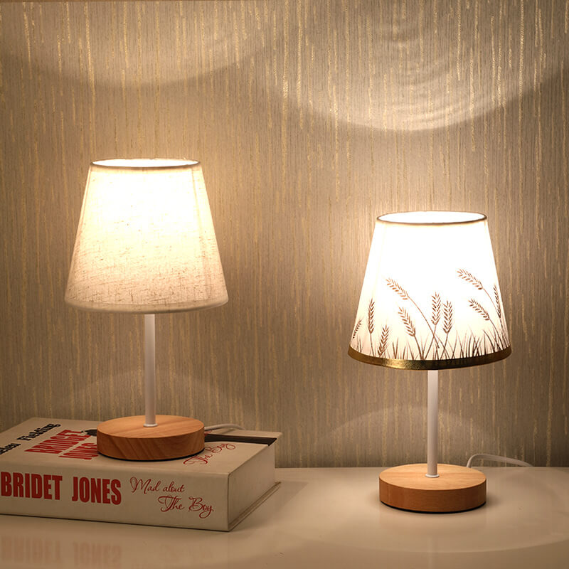 Wood Accent LED Table Lamp with Fabric Shade – USB Powered for Bedroom, Nightstand & Living Room | Thomler