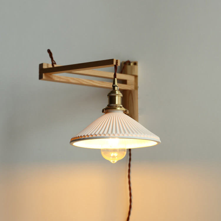 Extending Wall Sconce with Ribbed Glass Shade and Wood Arm for Bedroom, Living Room & Hallway Reading Light | Thomler