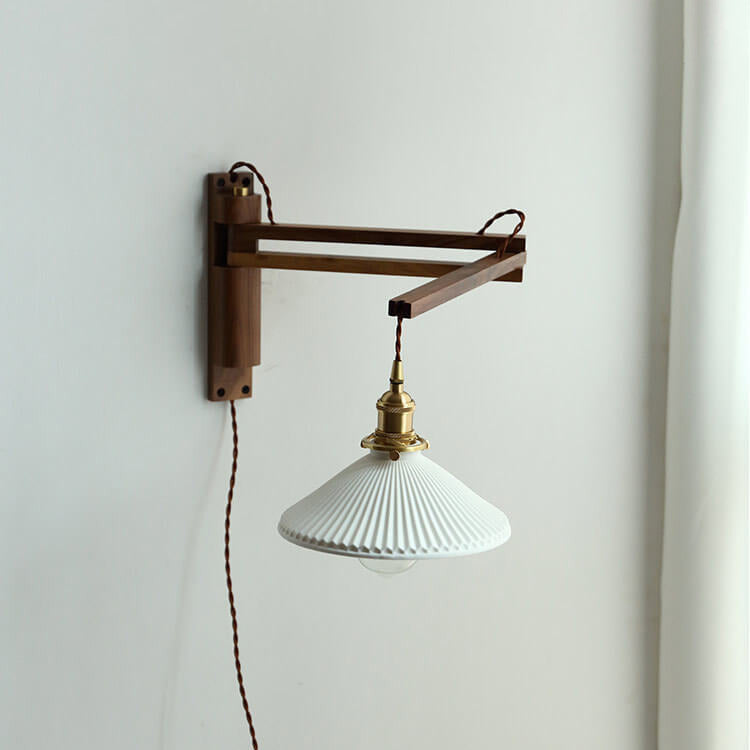 Extending Wall Sconce with Ribbed Glass Shade and Wood Arm for Bedroom, Living Room & Hallway Reading Light | Thomler