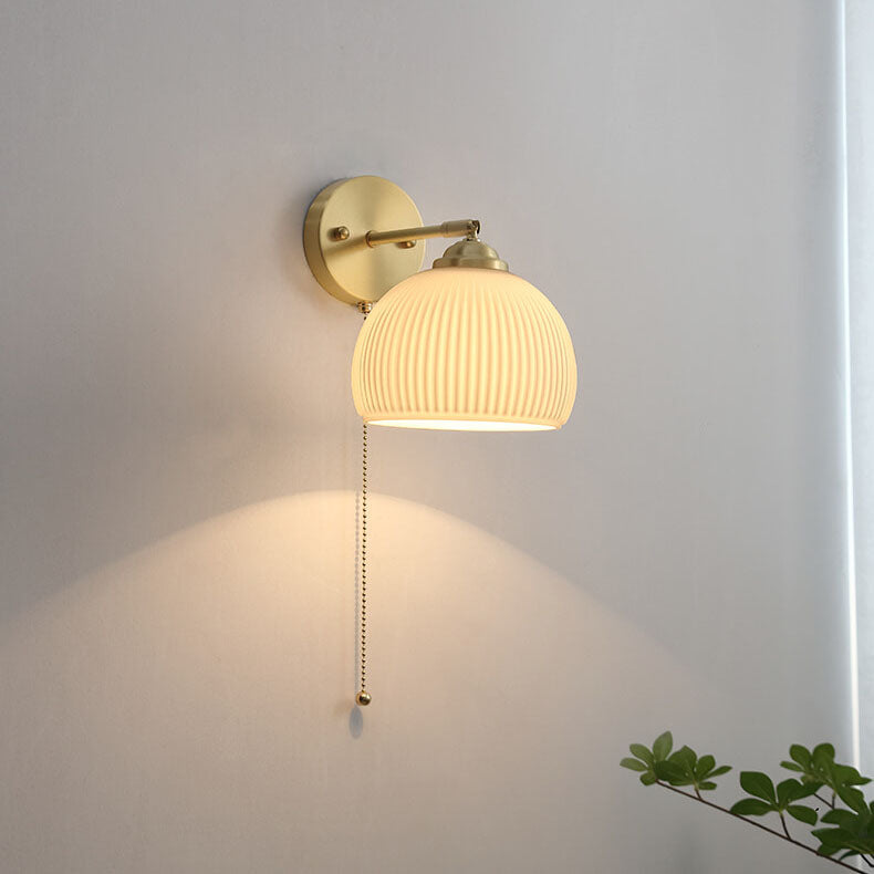 Pull Chain Wall Sconce with Striped Glass Shade – Single-Bulb Hardwired Fixture for Bedroom, Living Room, Hallway | Thomler