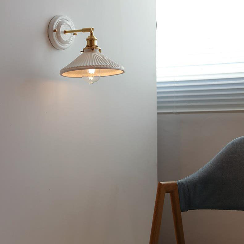 Pleated Shade Wall Sconce Lamp with Brass Arm for Bedroom Living Room & Study | Retro Japanese Style Ceramic Fixture | Thomler