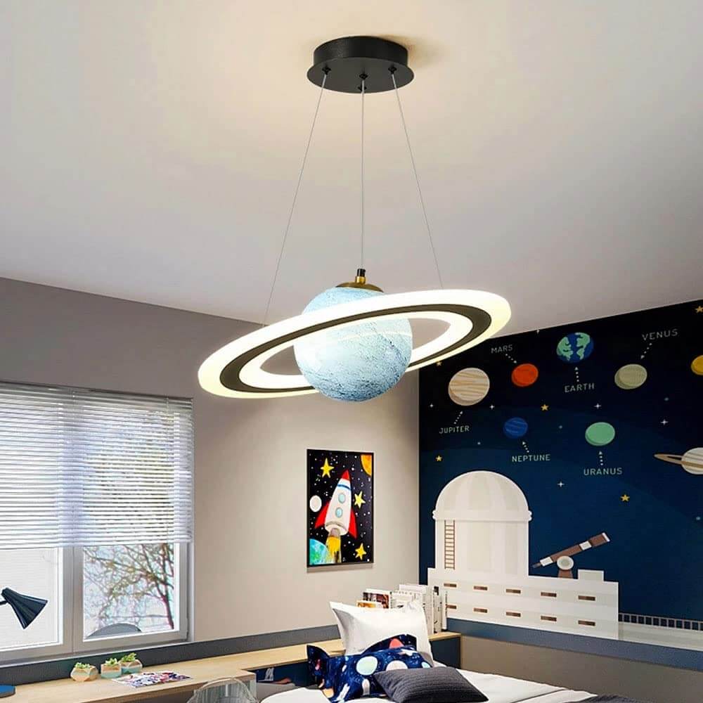 Space Planet LED Pendant Light for Kids Room – Glowing Saturn & Earth Ceiling Lamp with Astronaut Option | Thomler